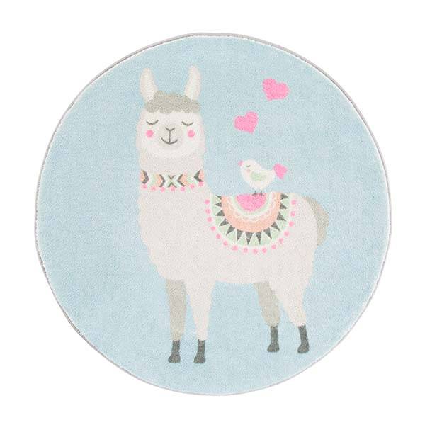runder Lama Kinderteppich in blau